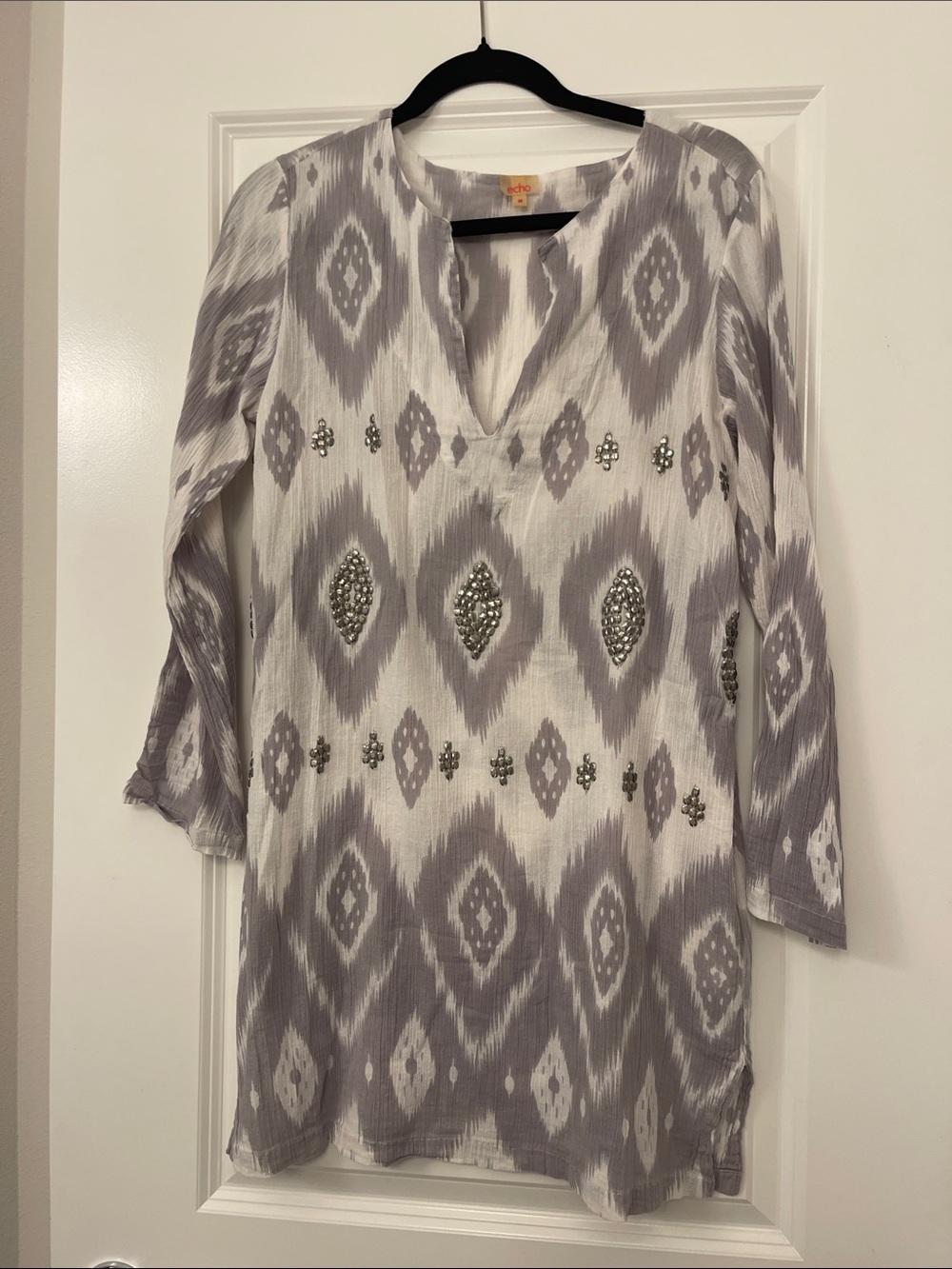 Echo Embellished Ikat Tunic in Gray and White